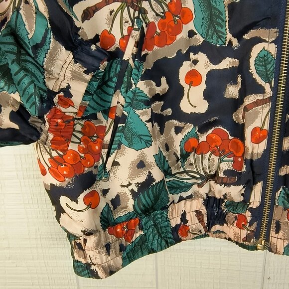Vintage 90s Out Brook 100% Silk Jacket Cherry Print  Zip Front - Picture 4 of 5